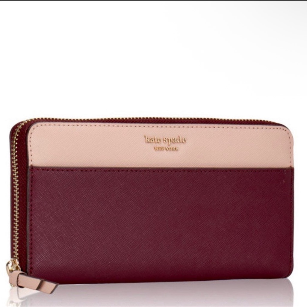 Kate Spade "Cameron" Continental Maroon/Pink Saffiano Leather Wallet (Nwot)